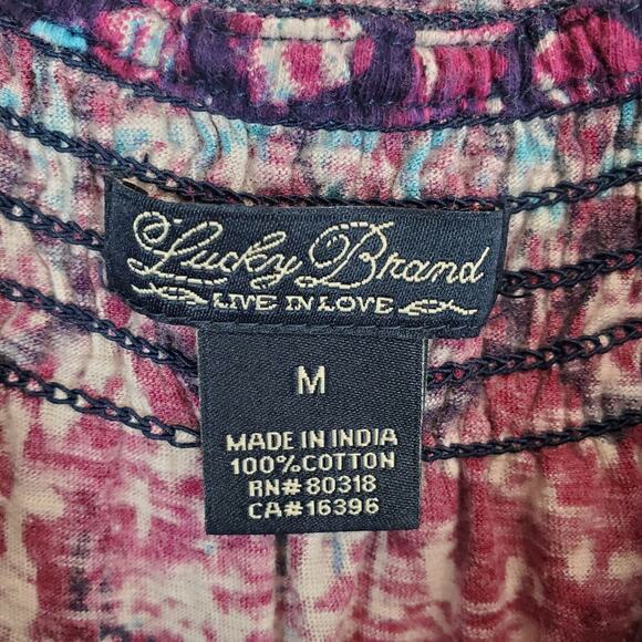 Lucky Brand Peasant Blousy Top Size M Purple Blue Paisley Geo Stretchy Boho 70's - Picture 5 of 10